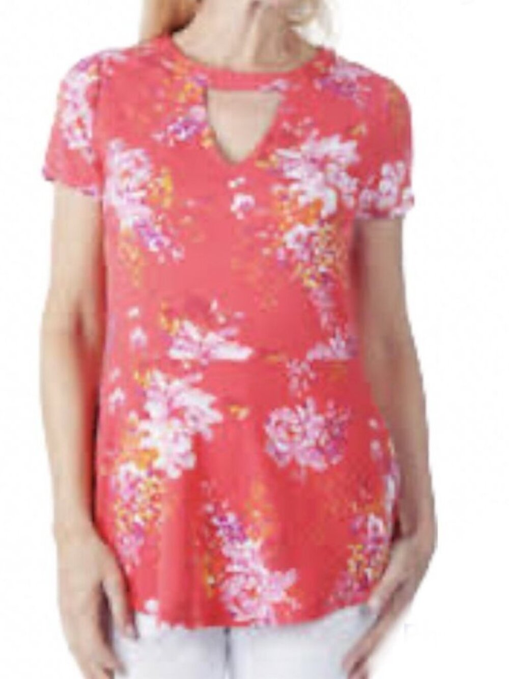 Isaac Mizrahi Floral Printed Knit Peplum Top Keyhole Top